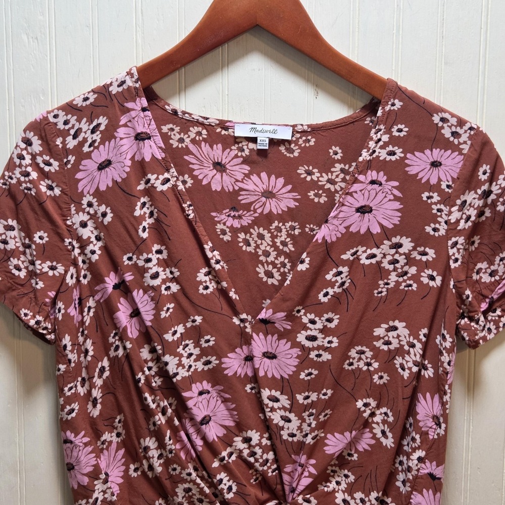 Madewell XXS Rust Brown Pink Floral Tie Front VNeck Crop Top Short Sleeve Blouse